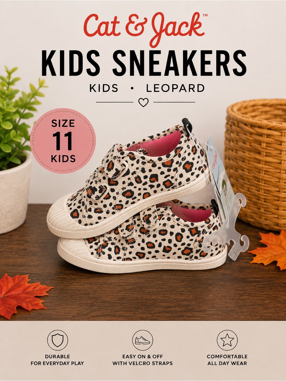 Cat & Jack Leopard Print Hook & Loop Sneakers Toddler Girls NWT